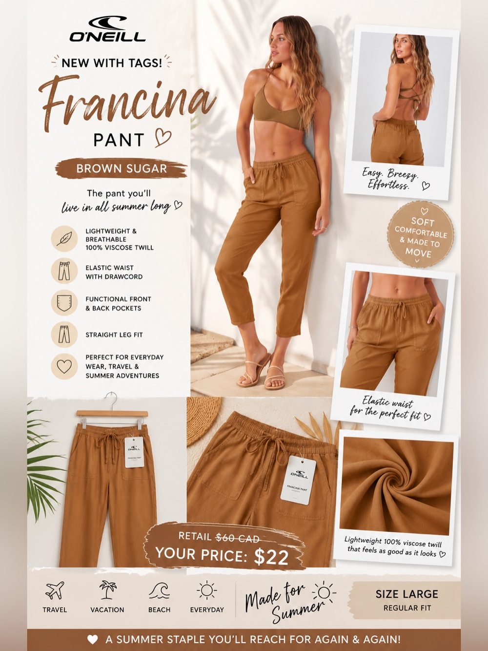 NWT O'Neill Francina Brown Sugar Cropped Pants | L